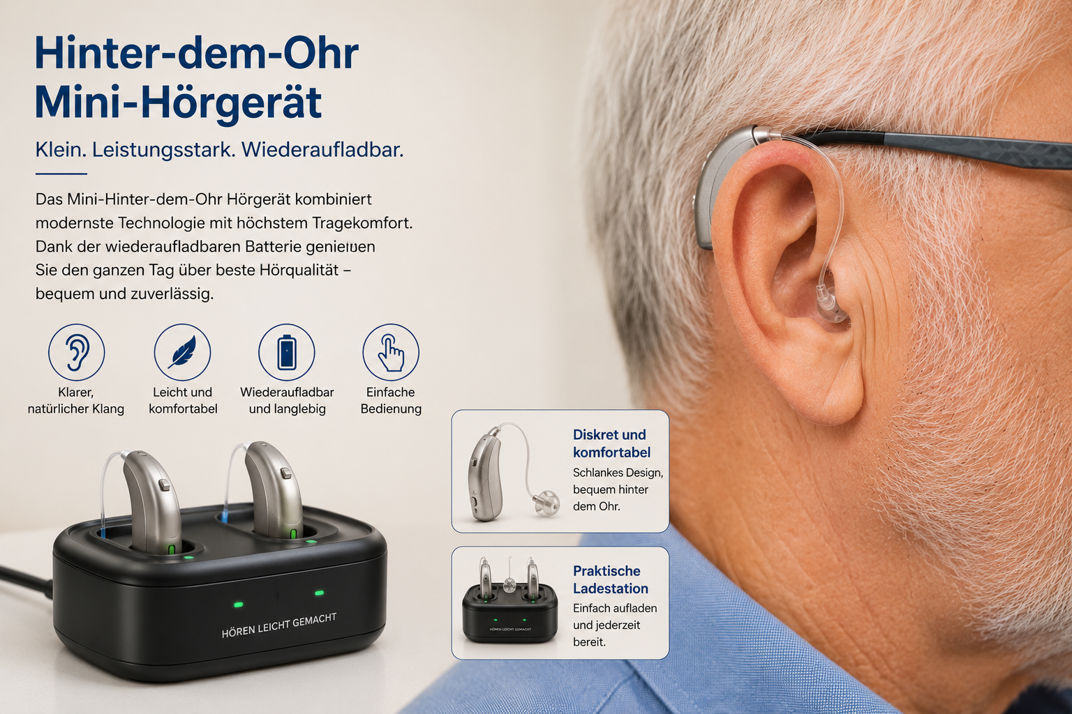 Hinter-dem-Ohr Mini-Hörgerät mit Akkuladestation