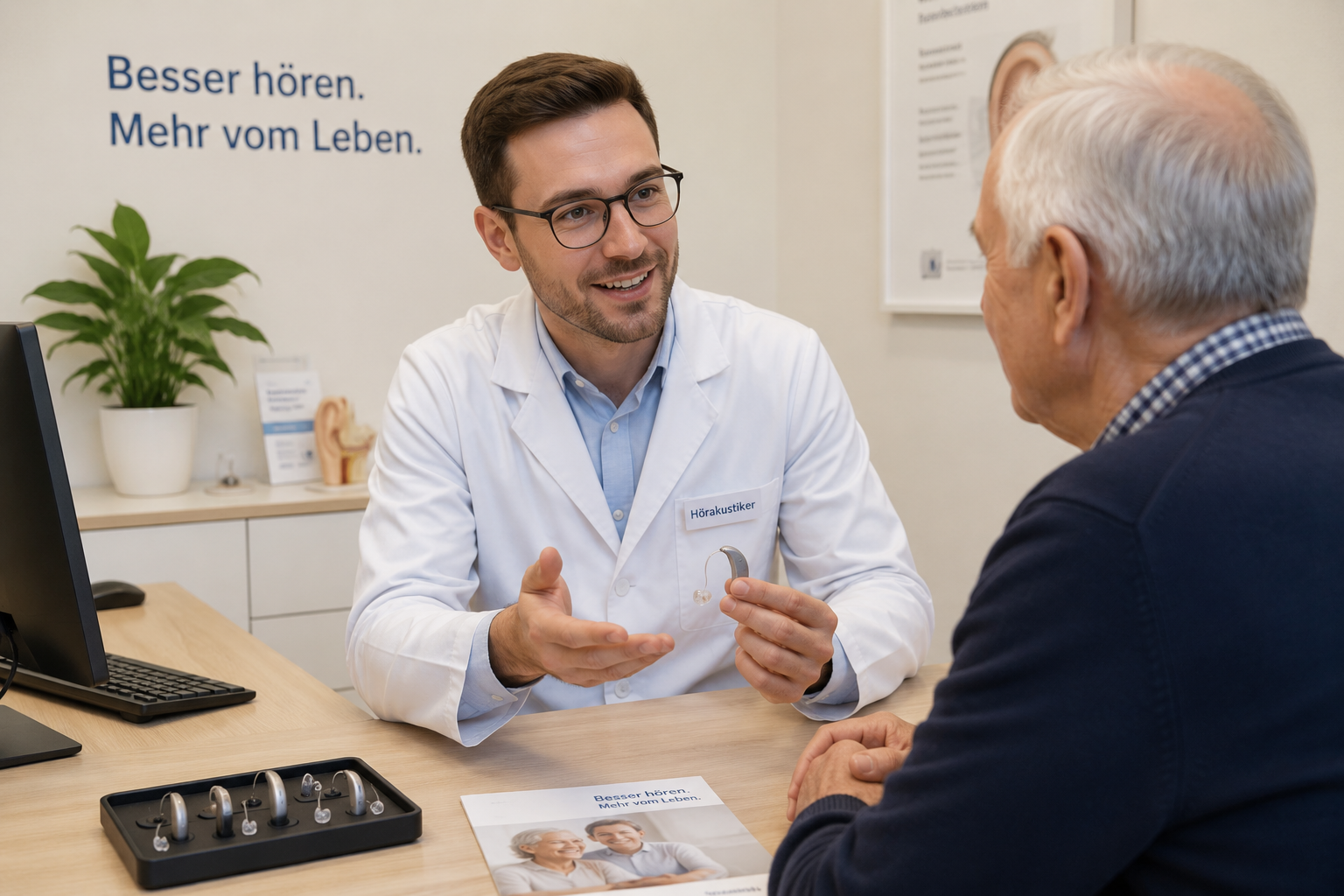 Freundliche Hörakustik-Fachberaterin zeigt einem älteren Kunden ein Hörgerät